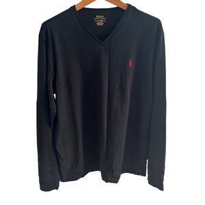 🏇 Polo by Ralph Lauren Black V-Neck Long Sleeve Shirt with Red Pony L